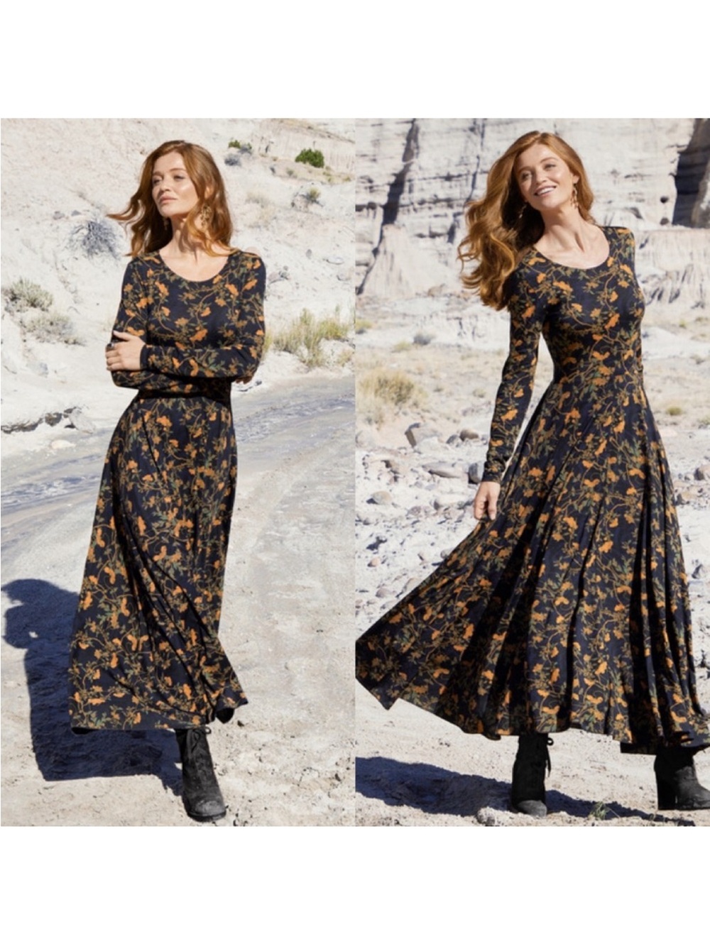 Peruvian Connection Peking Vine Dress Long Sleeve Fit & Flare Midi Dress Small